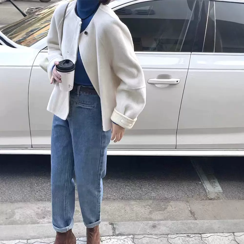 东大门阔型双面羊毛绒大衣短款小个子纯色圆领加厚保暖羊毛外套女