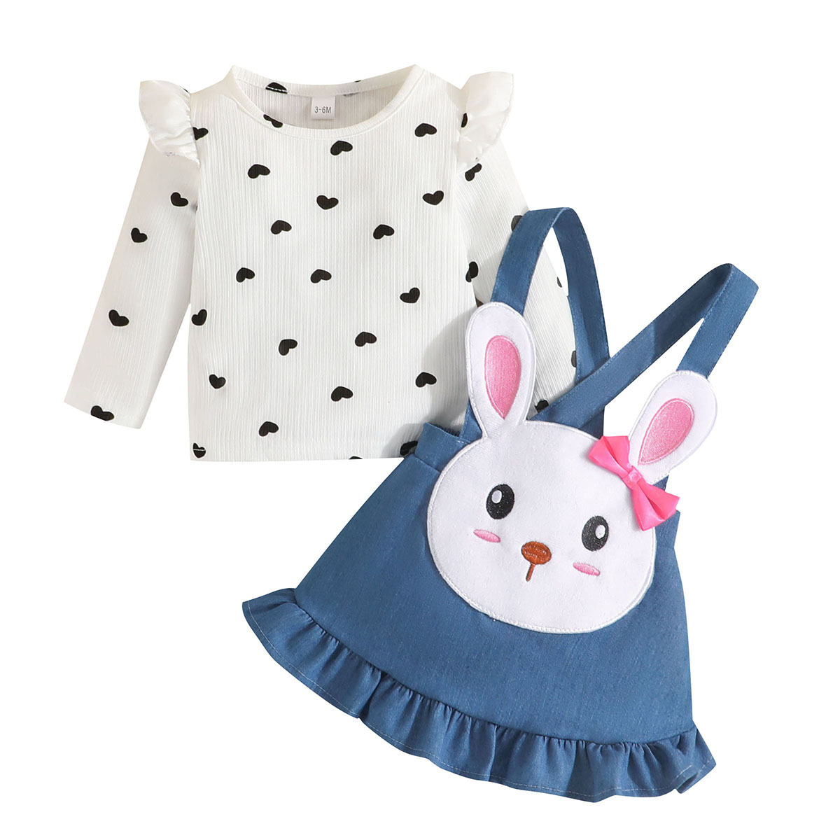 Conjunto de saia com estampa de coelho de manga comprida e faixa nas costas com estampa de amor para bebês fofos_voghion.com