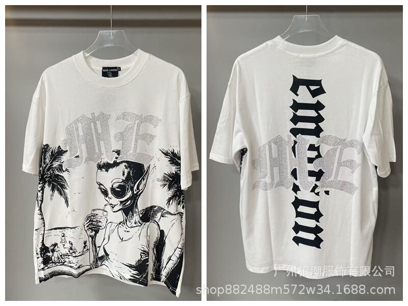 MIXED EMOTION レトロホットダイヤモンドプリントロゴ美しいトレンディなラウンドネックルーズカジュアル半袖Tシャツ男性と女性用|undefined