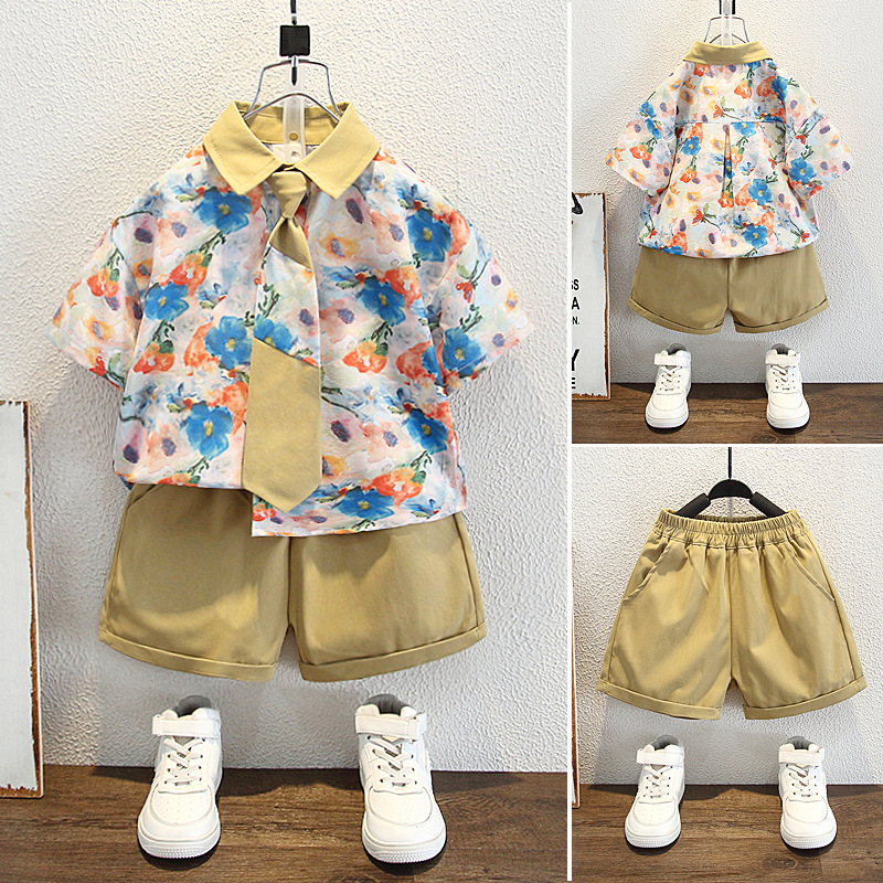 8129 Traje de camisa de manga corta para niños Estilo de verano Estilo de Hong Kong Traje de corbata para niños Camisa de dos piezas Bebé 2025 Verano