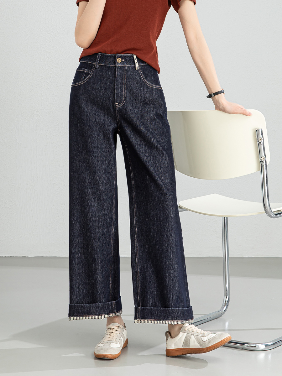 Quần jean nữ ống rộng cạp cao dáng suông vải denim xanh — Xanh da trờicolor