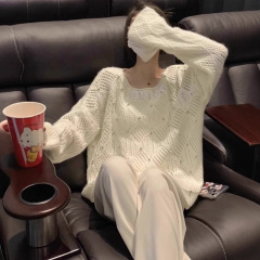 白色镶钻镂空针织衫女慵懒风春秋新款设计感小众宽松百搭软糯毛衣