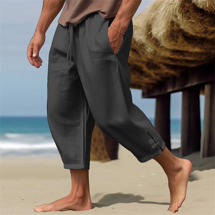 Men's linen summer beach pants, solid color with slit cuffs for comfort, breathability, leisure, daily vacation pants_voghion.com