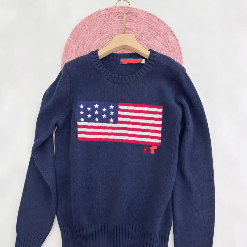 Cross-Border High-Quality Pony Logo Sweater with Qr Code, R-L Pure Cotton Five-Pointed Star National Flag Casual Autumn and Winter Sweater for Women 2026