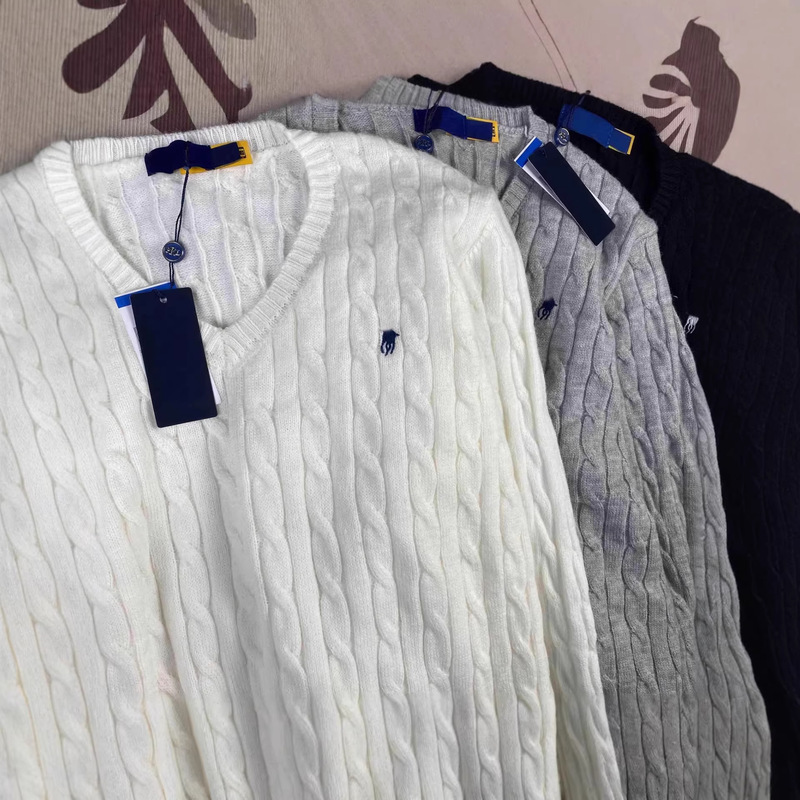 Rl Ralph Lauren Autumn and Winter Cable Knit V-Neck Sweater for Women with Qr Code Embroidery Knit Sweater Top for Women