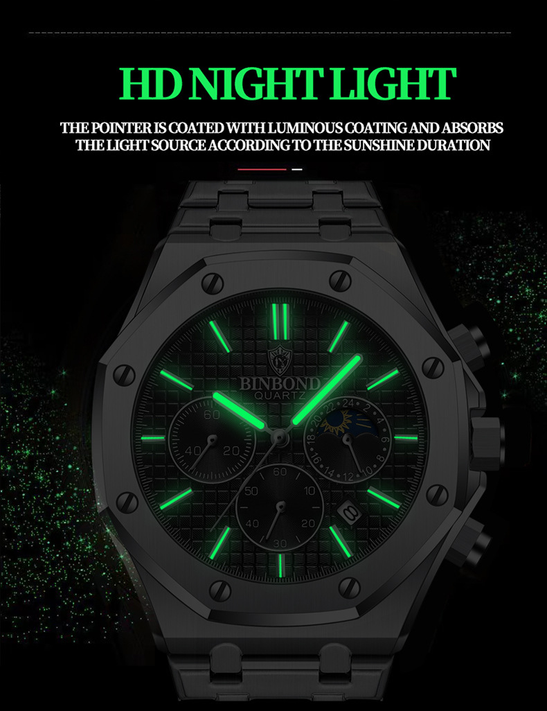 New Watch Hot Selling Model: Binbang High-end Three Eye Six Needle Multifunctional Lunar Phase Steel Band Multifunctional Men's Watch Watch_voghion.com