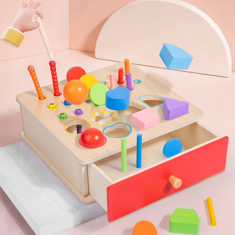 Wooden sorting activity box with red pull-out storage drawer and colourful pieces