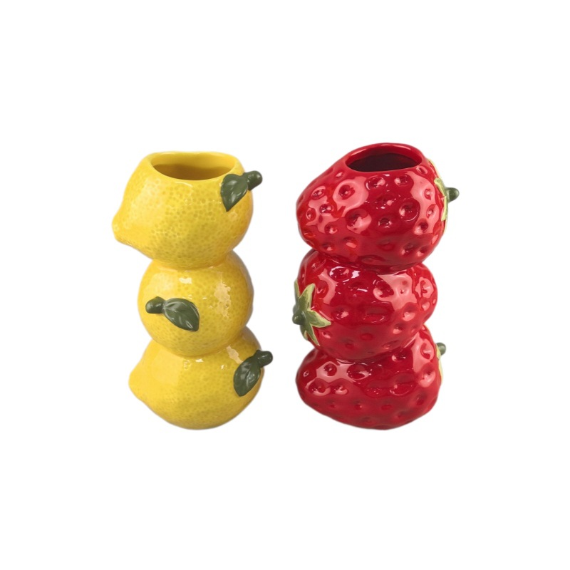 Nuevas frutas creativas limón fresas tres vasos de cerámica pequeños arreglos de flores frescas decoración de escritorio simple para el hogar