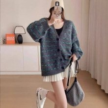 羊毛条纹撞色针织开衫女秋新款时尚宽松上衣简约百搭休闲毛衣外套