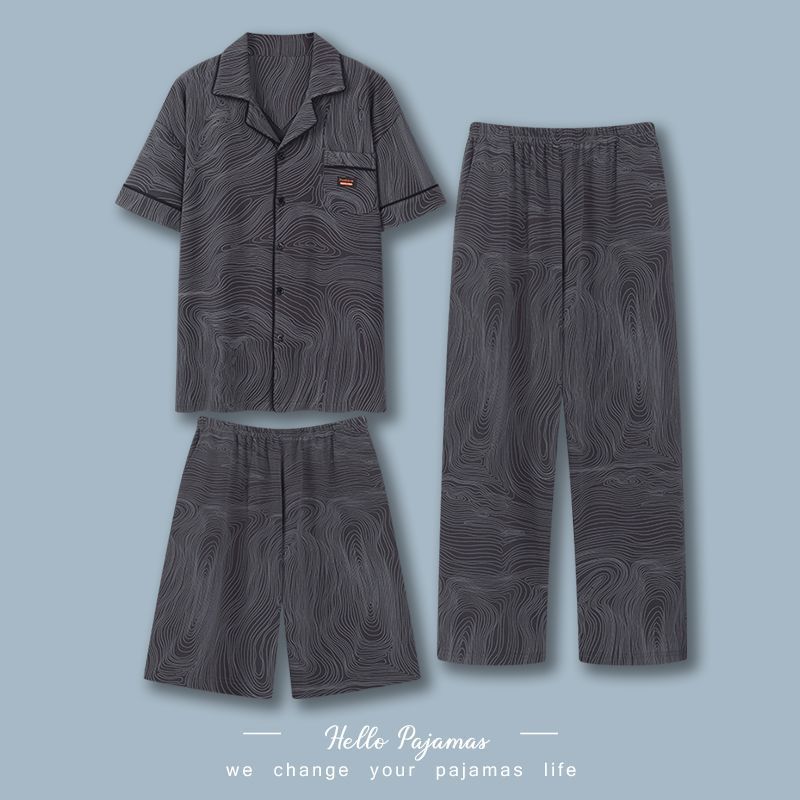Pijamas de tres piezas para hombre verano 100% algodón pantalones de manga corta traje Delgado verano dibujos animados más tamaño homewear