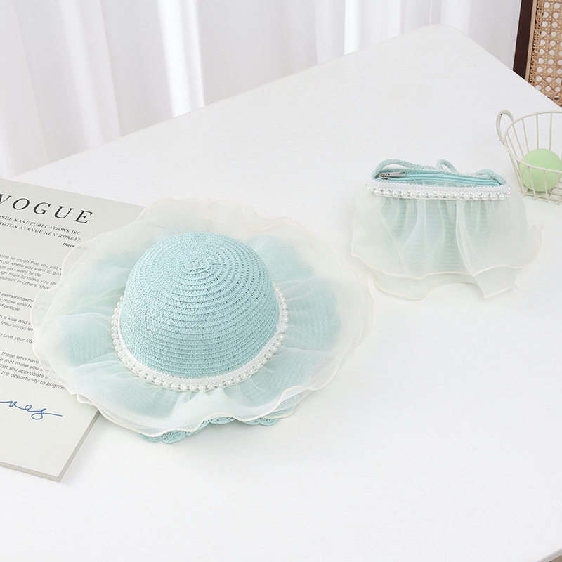 Pearl mesh wavy edge straw hat-green