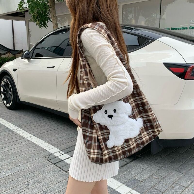秋冬时尚毛绒卡通小熊格子背心包学生大容量帆布袋少女休闲单肩包|undefined