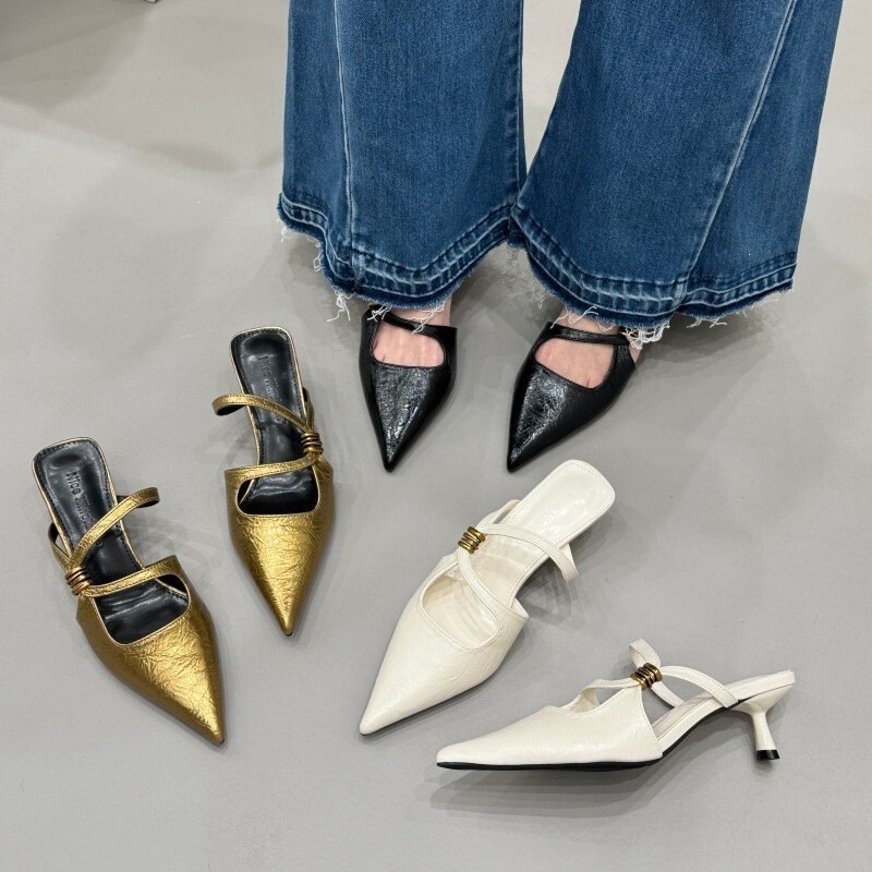 2026 Spring New Style Pointed Toe Stiletto Heel Mules for Women, Fashionable Versatile One-Strap Buckle High Heel Slippers, Light Luxury