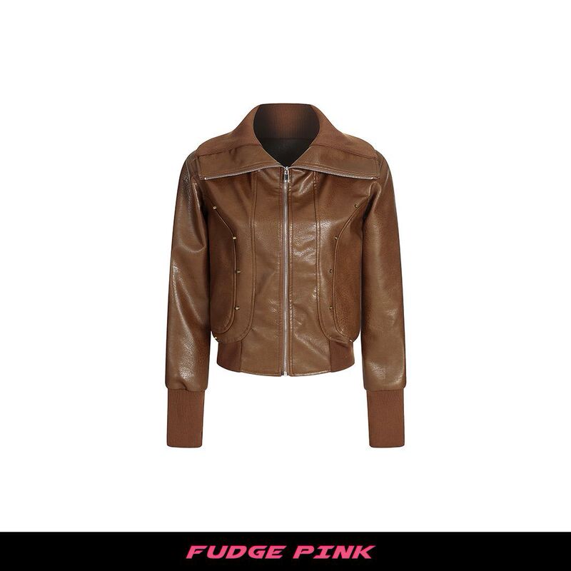 Fudge Pink 25秋季新款美式复古辣妹短款皮衣夹克外套|undefined