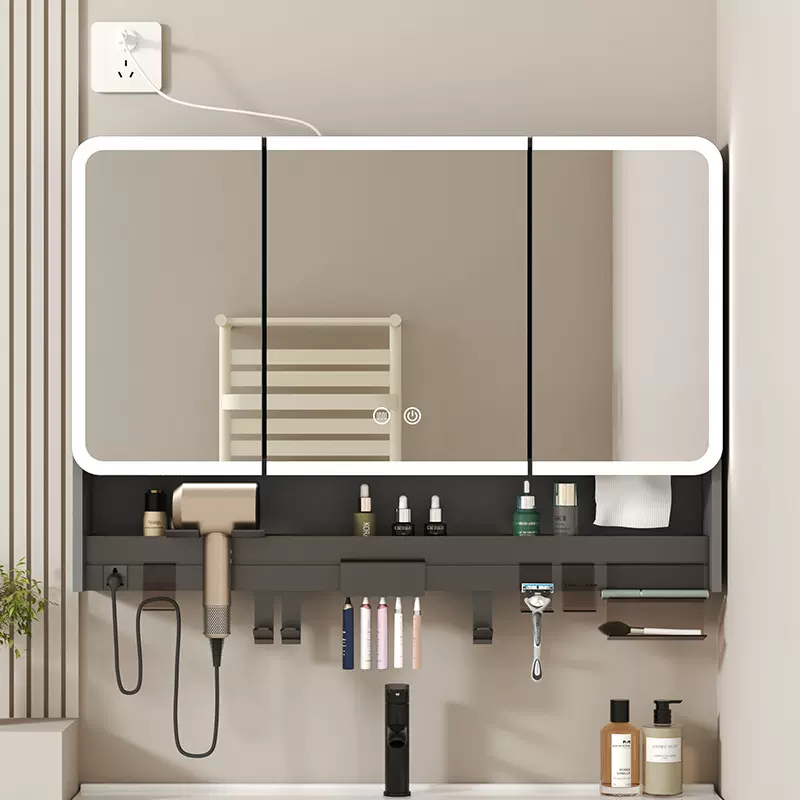 智能浴室美妆收纳架镜柜挂墙式单独卫生间镜子电吹风机纳一体插座