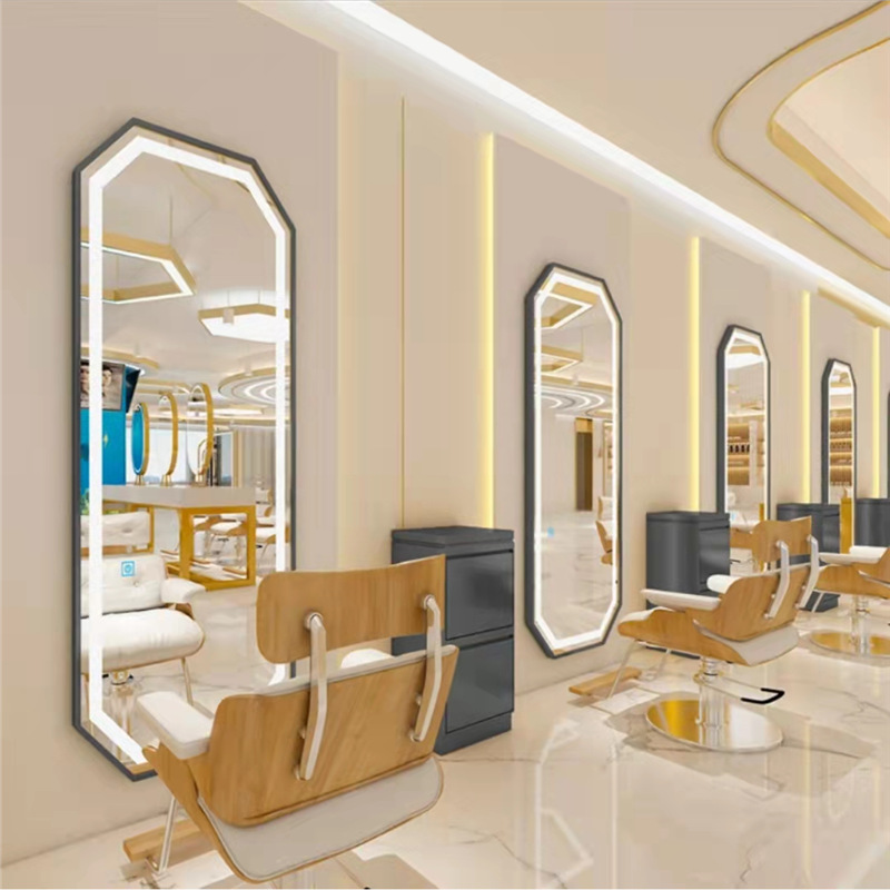 Barbería en línea tabla de espejo salón especial tipo pared simple barbería espejo de piso LED tabla de espejo de escaldado control táctil