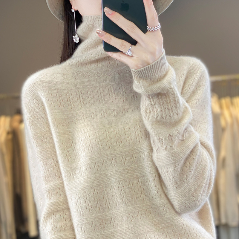 Autumn and Winter new turtleneck sweater women's woolen sweater inner and outer wear sweater hollow crocheted bottoming shirt pile collar