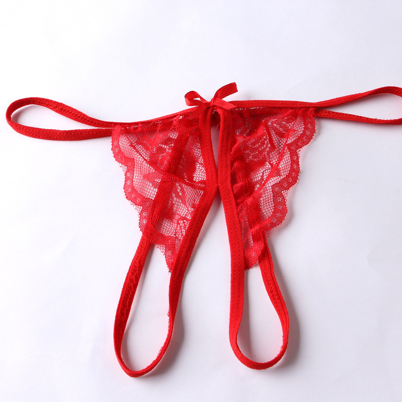 Open-Crotch Lace Thong Panties, Sheer Polyester Women’s Lingerie, One Size Pink — detail image 15