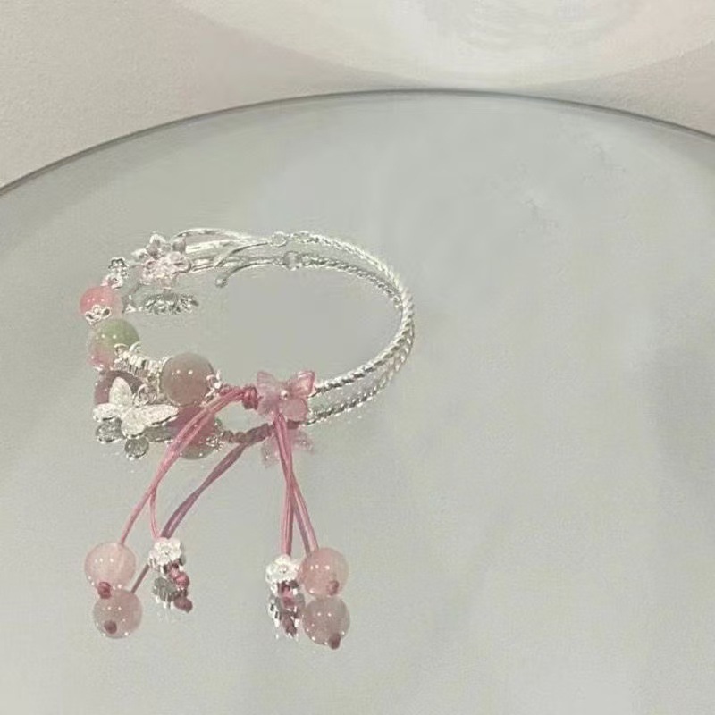 水蜜桃蝴蝶结手链女ins甜美超显白桃粉蝴蝶串珠手串学生闺蜜礼物|undefined