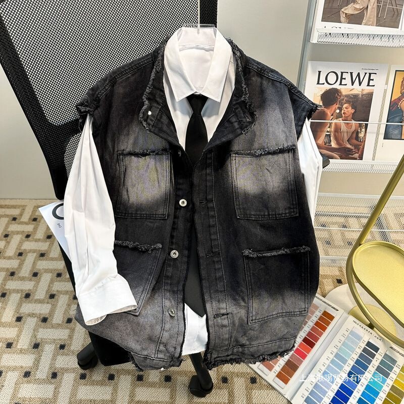 American-Style Ripped Denim Vest for Men, Summer Trendy Sleeveless Vest, Fashionable Lapel Workwear Jacket