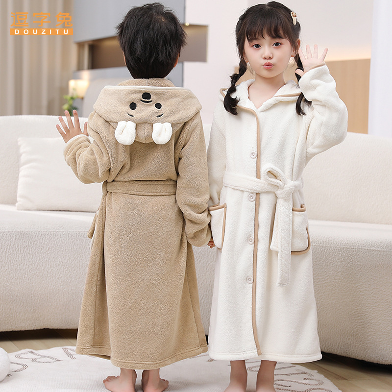 Zensiluo Children's Coral Velvet Bathrobe Thickened Hooded Water-Absorbent Cartoon All-Season Nightgown