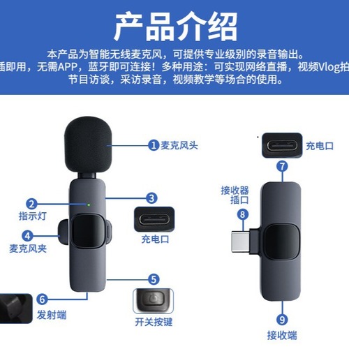 Wireless Lavalier Microphone, Dual-Purpose Outdoor Phone Livestream Microphone with Bluetooth Recording, Reception, Noise Reduction, Mini Microphone