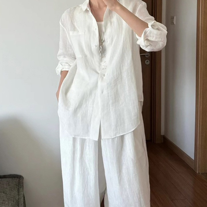 Old Money Style Linen Suit Women's Shirt Summer New Fashion Sun Protection White Cotton-Linen Shirt-Like Wide-Leg Pants
