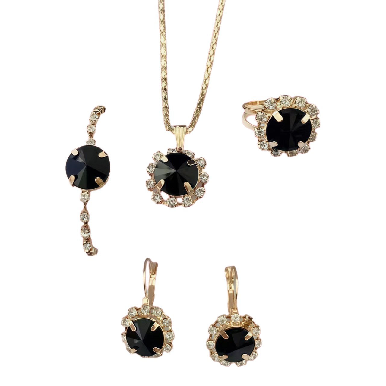 Fine Jewellery Set With Round Crystals Necklace Earrings Ring Bracelet_voghion.com