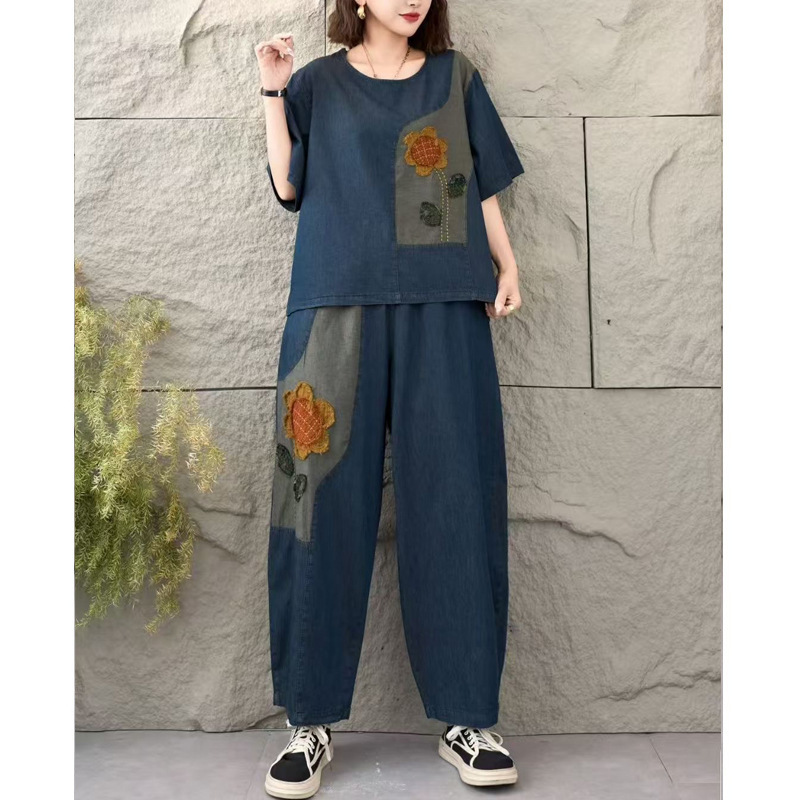 Vintage Patchwork Embroidered Spliced Denim Short-Sleeve T-Shirt Women's Loose Slimming Harem Pants Fashion Stylish Two-Piece Set