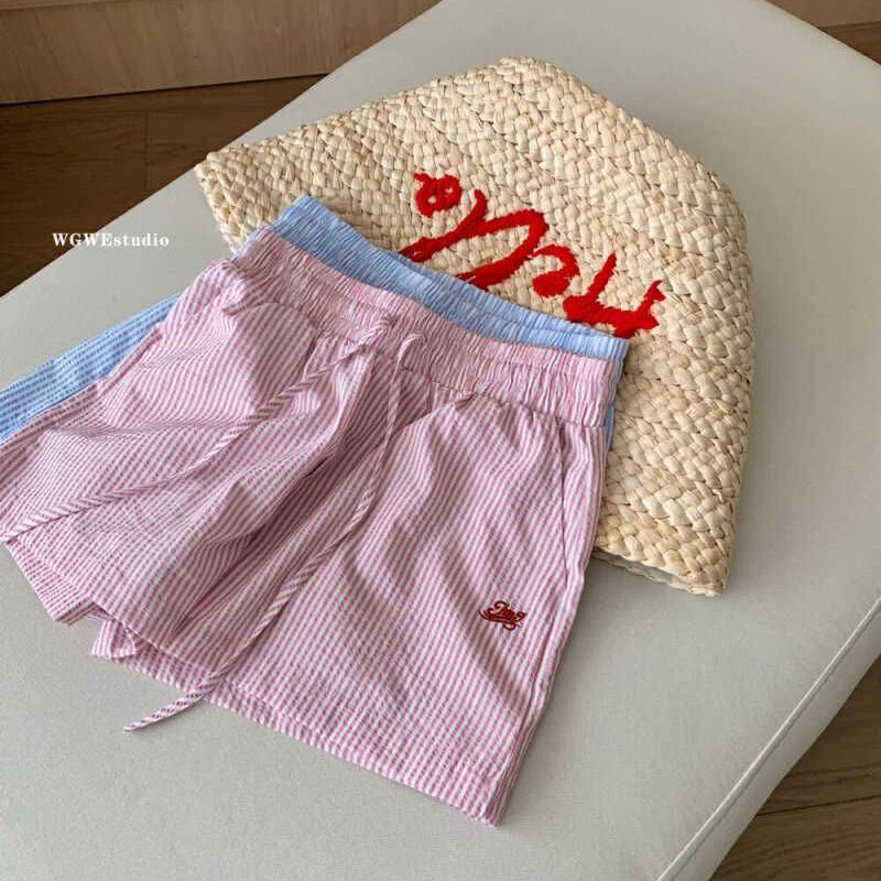 Vertical Striped Drawstring Letter Embroidered Wide-Leg Shorts for Women, Loose Summer Casual Pants