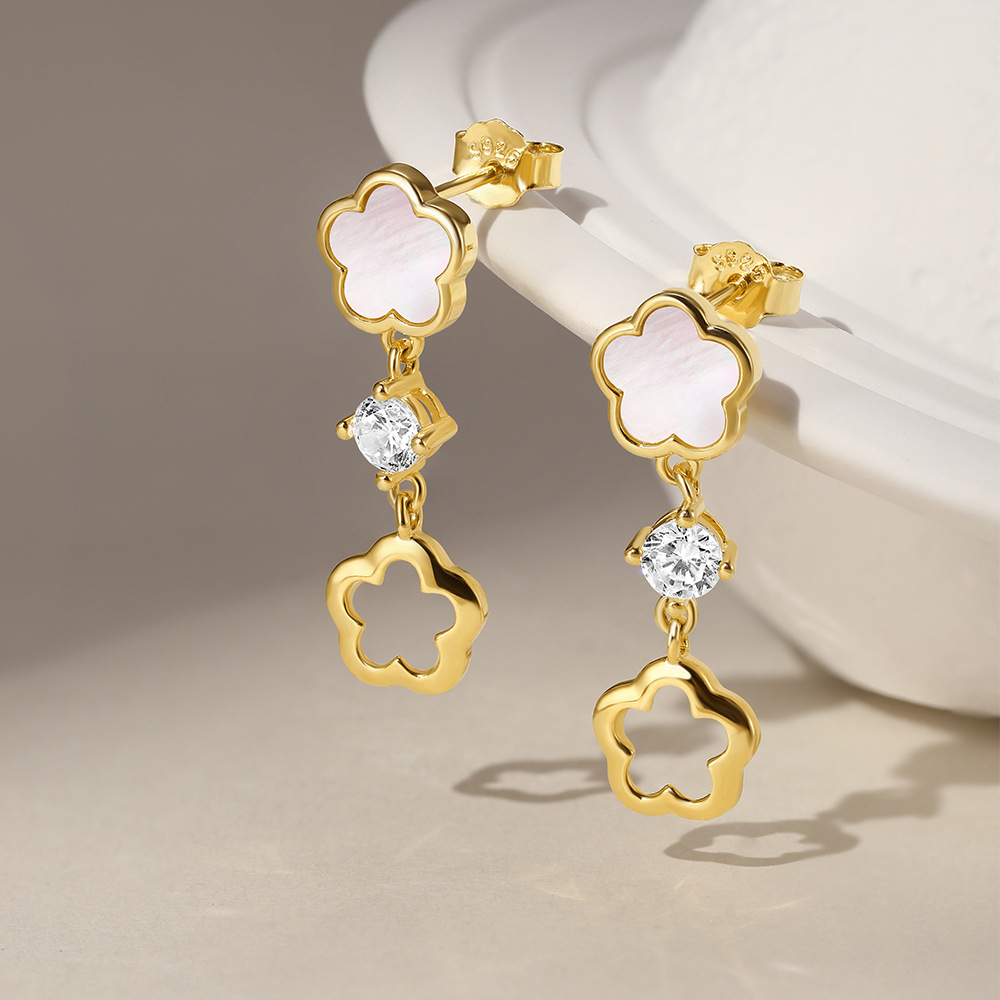 925 Sterling Silver Material S925 Sterling Silver Petal White Shell Refined Rhinestone Clavicle Necklace Hollow Stud Earrings Suit Best Seller In   Jewelry