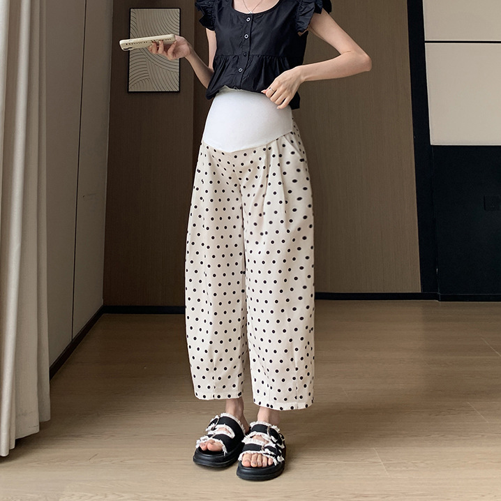 Pure Cotton Spring Summer Autumn Pregnant Women's Polo Dot Balloon Pants Pregnant Women's plus size Fat Abdomen Loose Slimming Wide Leg Casual Cropped Pants