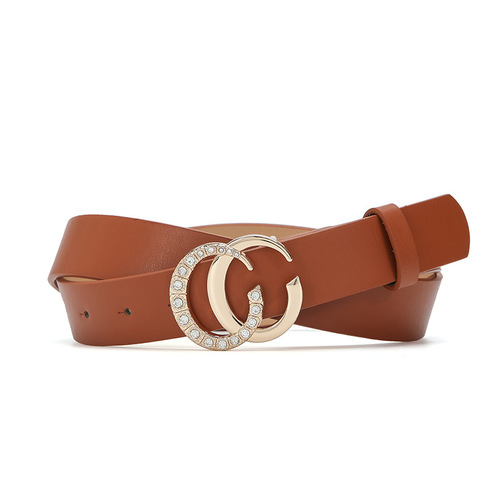 Double C diamond gold buckle retro decorative jeans women's belt versatile dress solid color belt women's fashion