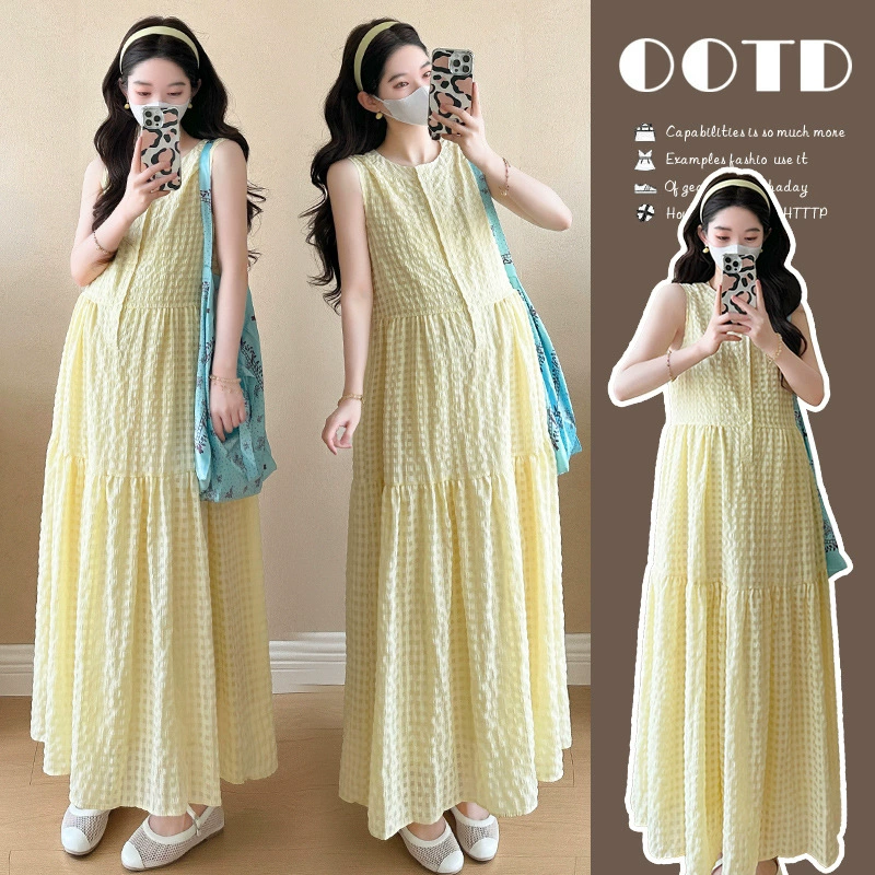 Одежда для беременных 2025, новое летнее платье, модное французское свободное клетчатое платье-жилет без рукавов, летняя юбка для беременных