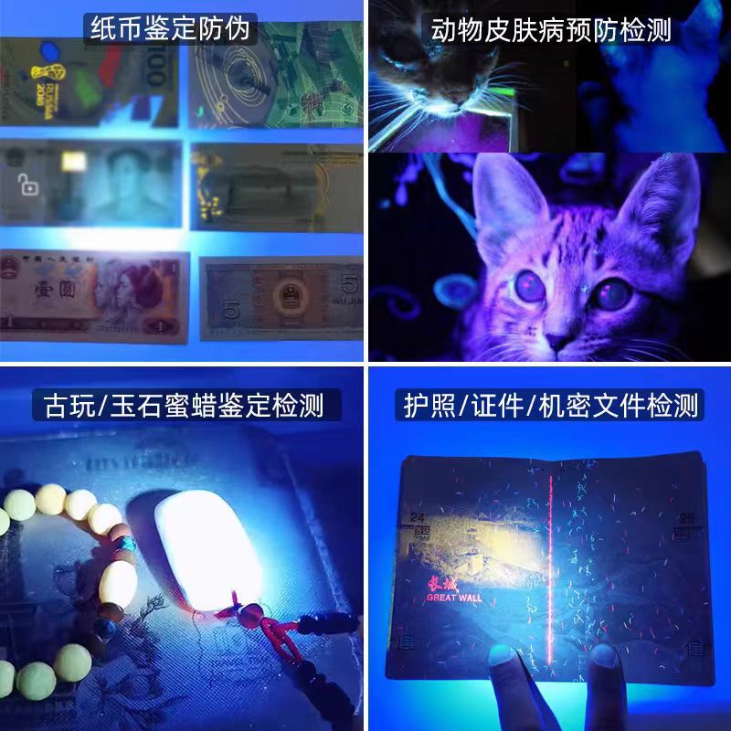 New Aluminum Alloy Purple Light Flashlight for Detecting Fluorescent Agents, Pet Cat Skin Fungus Detection, Ultraviolet Mini Flashlight