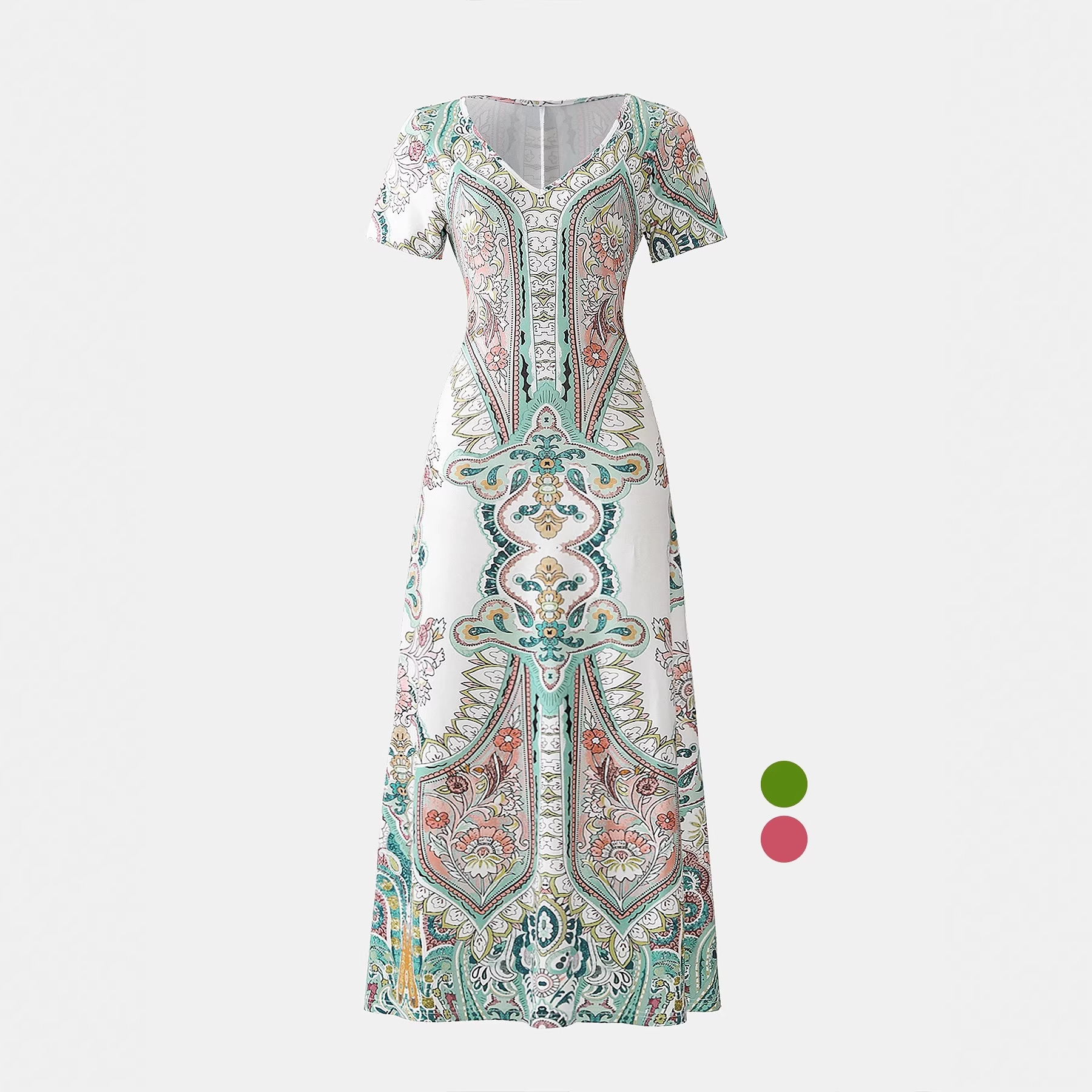 Trendiges Damenmode-Highlight: 3D-Retro-Kleid im Bohème-Stil mit V-Ausschnitt, kurzen Ärmeln und langem Rock – perfekt für den Urlaub._voghion.com