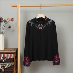 春と秋の新作長袖Tシャツレディーストップスセットエスニックスタイル重工業刺繍ハイカラー厚手暖かいボトムシャツ
