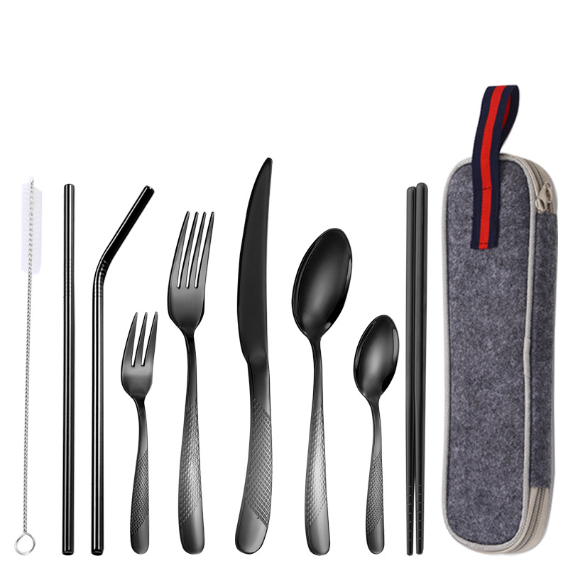 Diamante estrella cuatro piezas principales transfronterizo cuchillo, tenedor y cuchara de paja 9 piezas traje de paja de acero inoxidable directo de fábrica