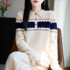 秋冬新款polo领100羊毛衫女学院风波浪纹针织套头毛衣拼色百搭