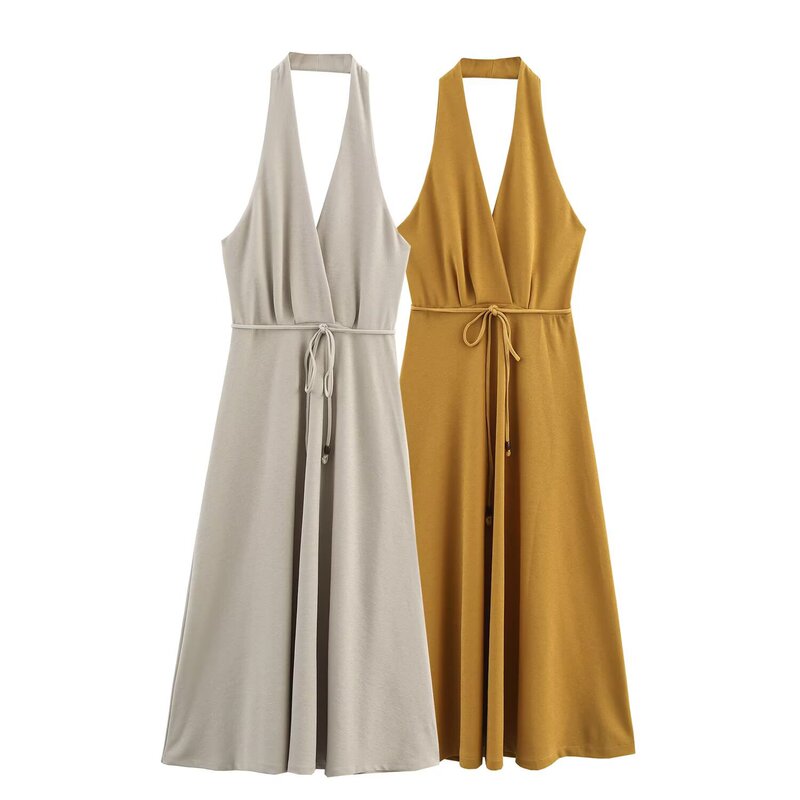 11566-New Women's European and American Style Halter Neck V-Neck Waist-Cinching Belted Backless Dress 11566-New Women's European and American Style Halter Neck V-Neck Waist-Cinching Belted Backless Dress