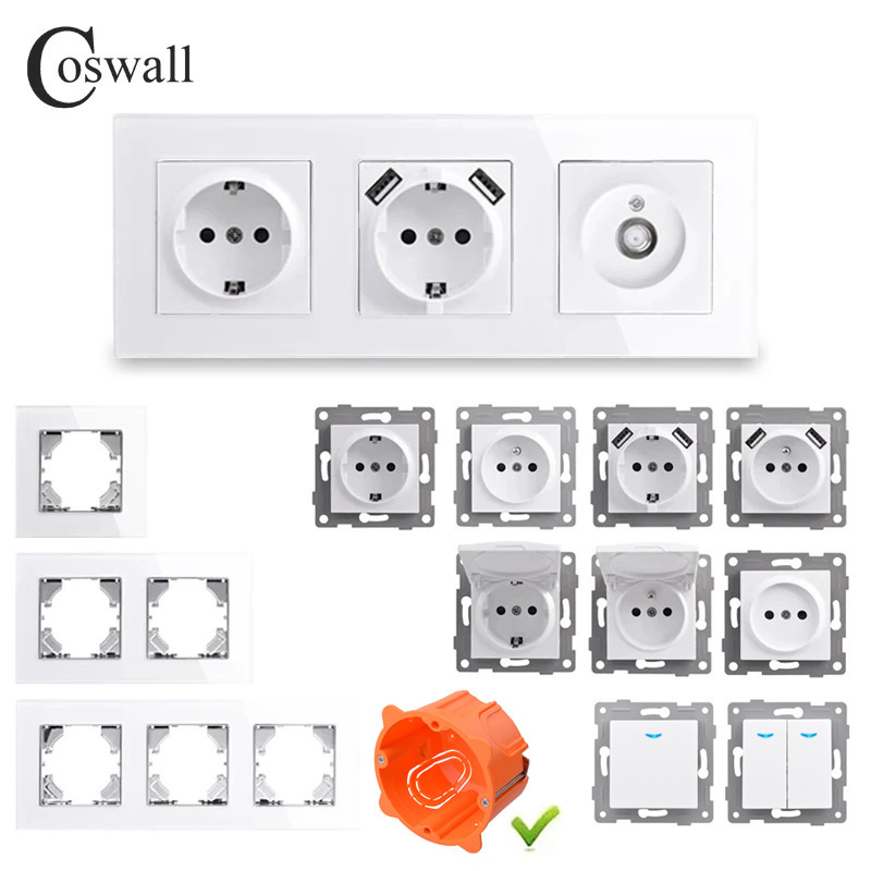 Tempered glass White European German French wall switch power socket foreign trade Series combination diy