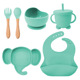 Six pieces of mint green [bib + elephant head plate + bowl + red panda straw cup + wooden handle fork and spoon]
