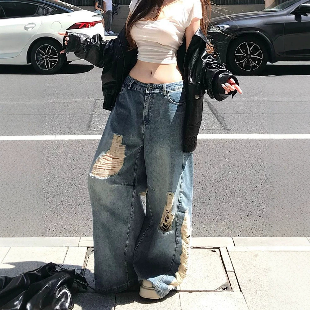 Women's Sexy Loose Fitting Relaxed Fit Denim Jeans American Style Retro Distressed Ripped Floor Length Pants New Spring_mkmklike.com
