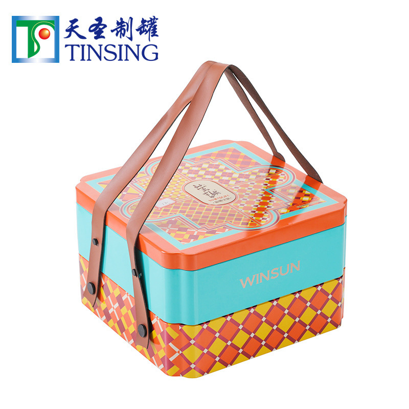 食品饼干月饼盒双层2层两层手提盒 方形铁盒三层有提手广东工厂