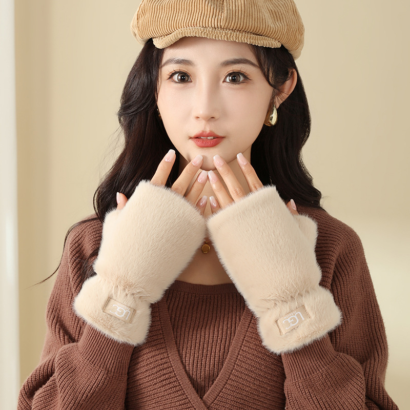 Invierno guantes de pelo de conejo de mitad de dedo femenino de peluche engrosado y veludo para montar calentado a prueba de frío de color sólido sin mangas de dedo