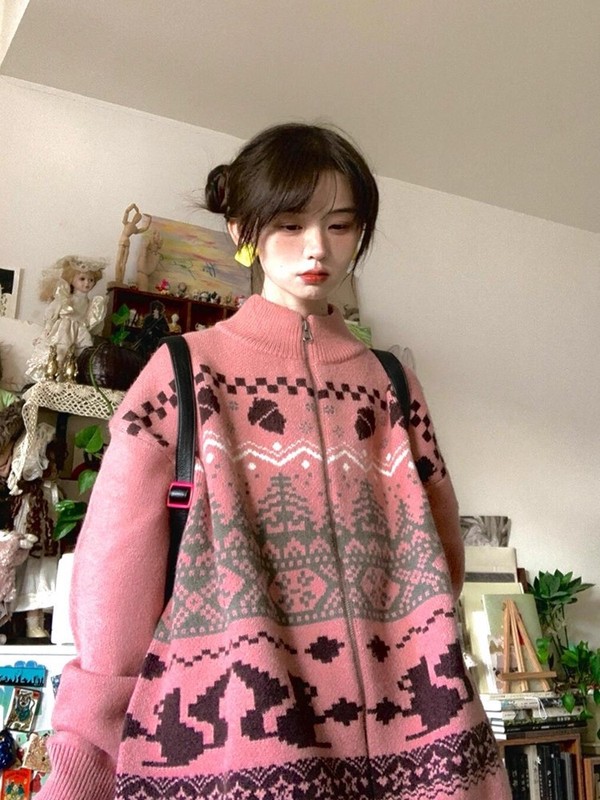 美式复古立领提花开衫毛衣男女秋冬费尔岛情侣针织衫外套|undefined