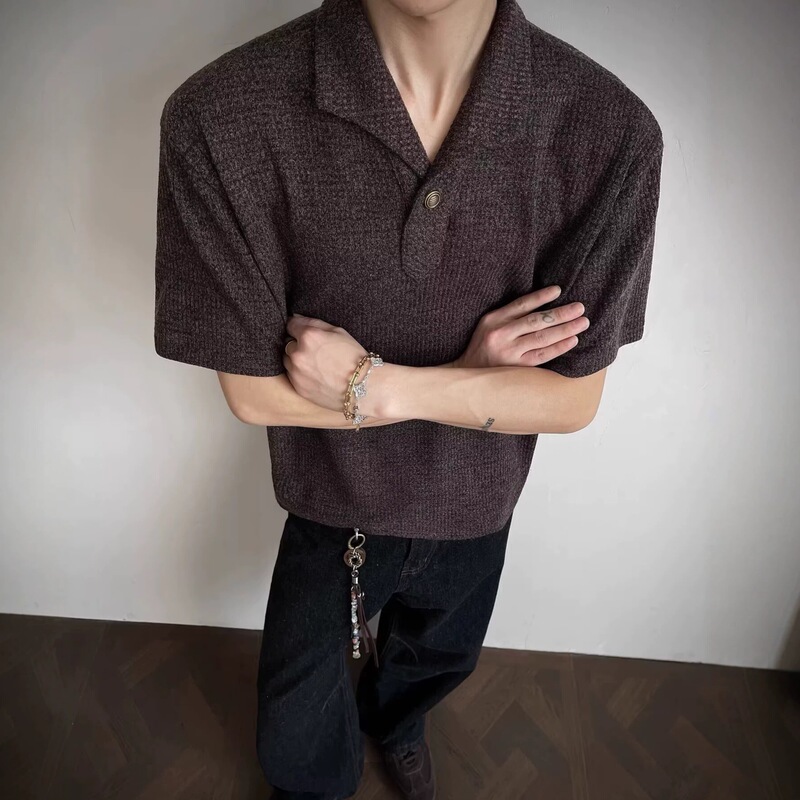 Brown Old Money Style Knitted Short-Sleeve Men's Polo Shirt, Summer Relaxed Fit Regular Shoulder T-Shirt, Cleanfit Half-Sleeve