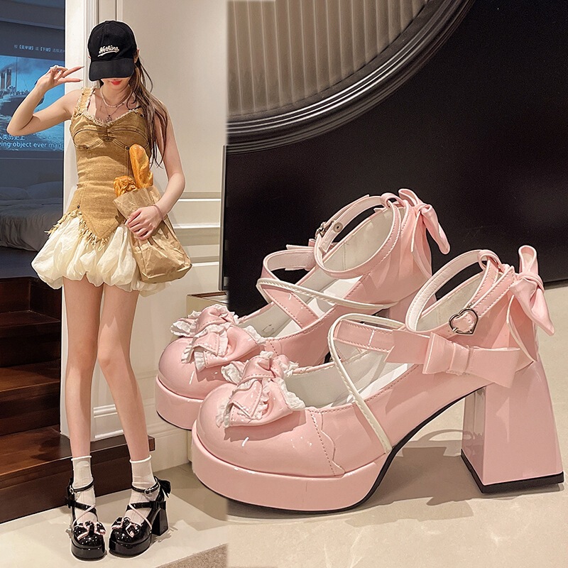 Lolita High-Heeled Shoes 2026 Spring New Style Cute and Sweet Pink Bow Shoes for Girls with Skirts and Chunky Heels