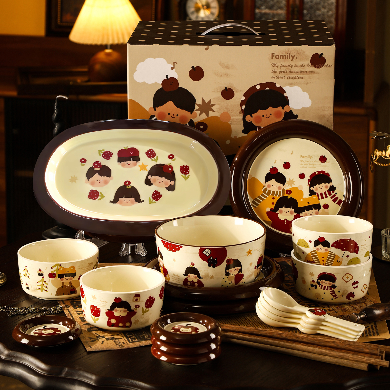 亲子时光一家人碗盘碟活动伴手礼套装复古卡通陶瓷餐具乔迁礼品