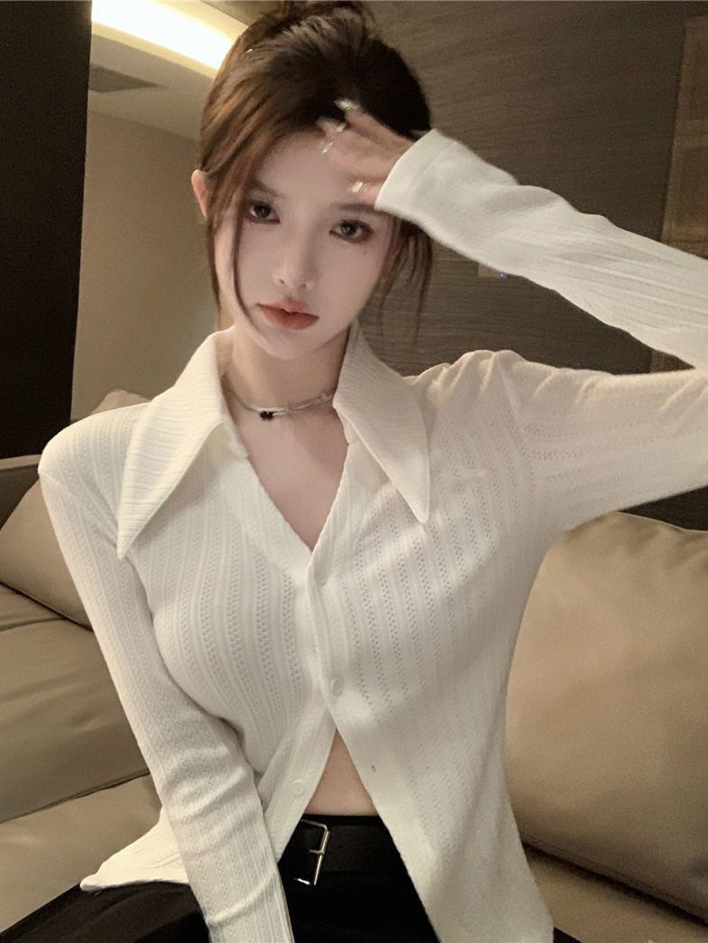 白色polo领长袖衬衫女装秋季2022新款辣妹打底衫修身开衫上衣外搭